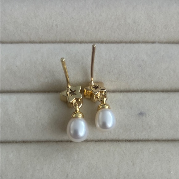 Gold Star Pearl Drop Earrings | CZ Star Studs | Cute Feminine Jewelry - Picture 2 of 5